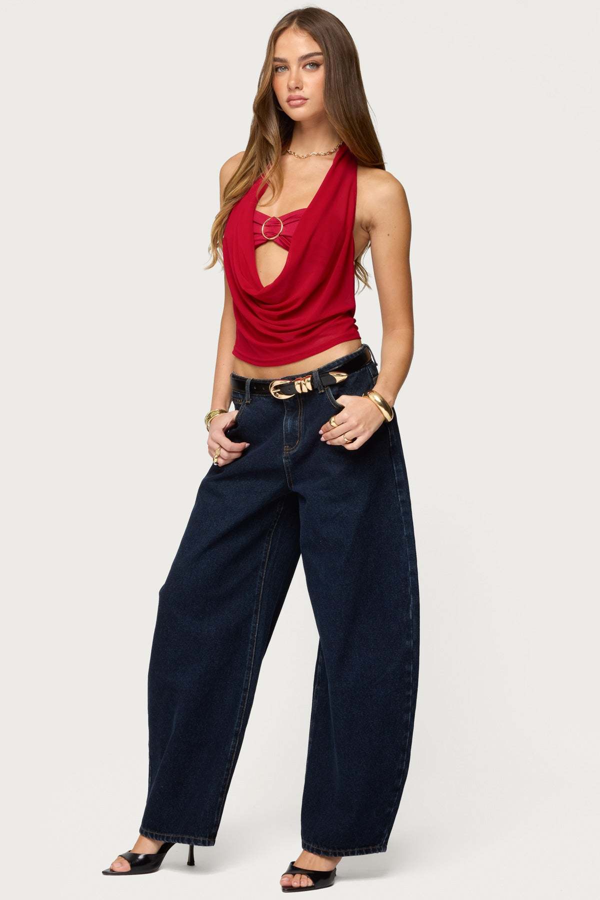 Issey Layered Bandeau Cowl Neck Top - BURGUNDY