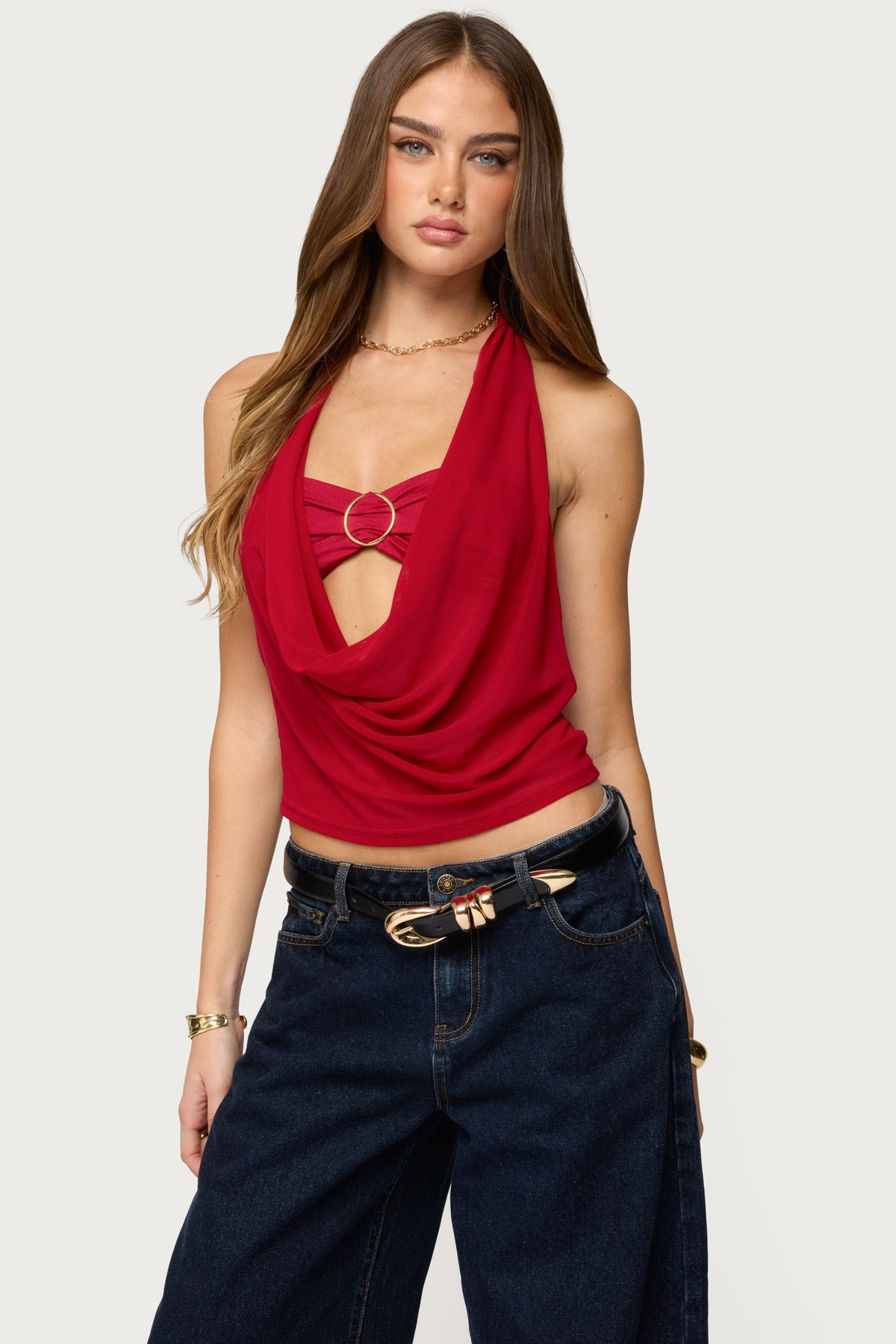 Issey Layered Bandeau Cowl Neck Top - BURGUNDY