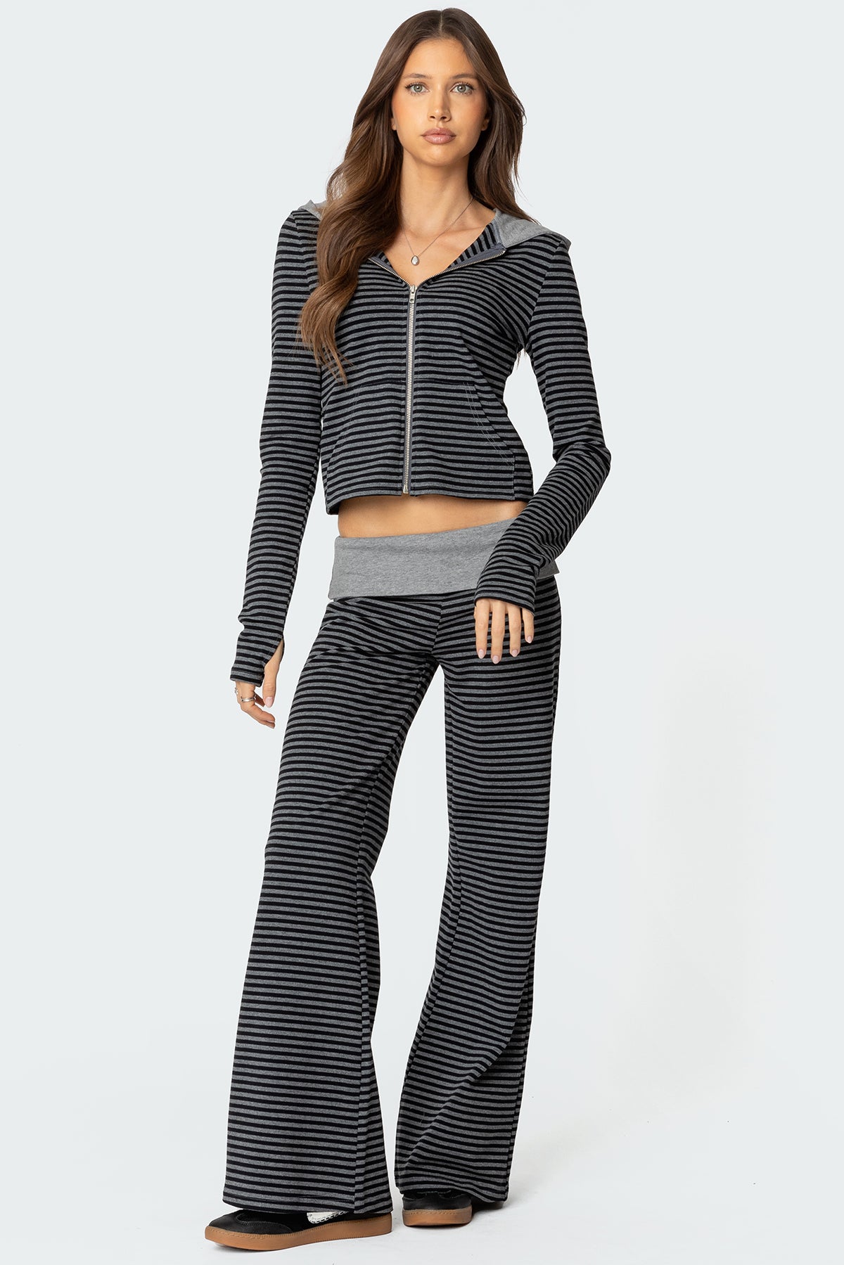 Meggy Striped Foldover Pants - BLACK AND GRAY