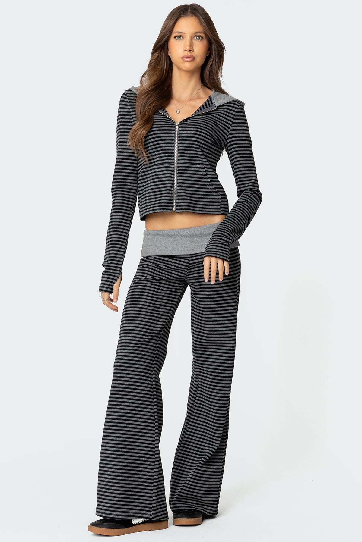 Meggy Striped Foldover Pants - BLACK AND GRAY
