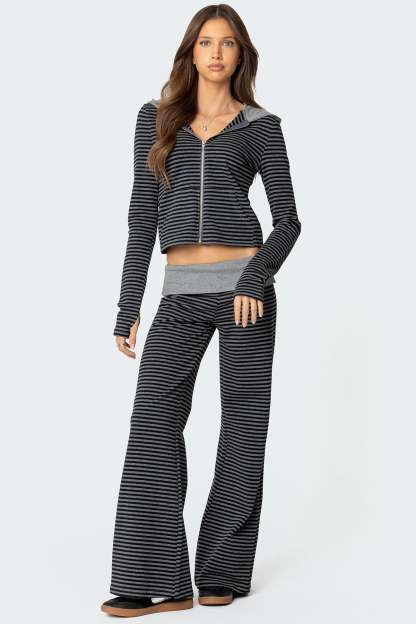 Meggy Striped Foldover Pants - BLACK AND GRAY