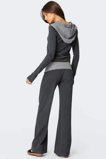 Meggy Striped Foldover Pants - BLACK AND GRAY