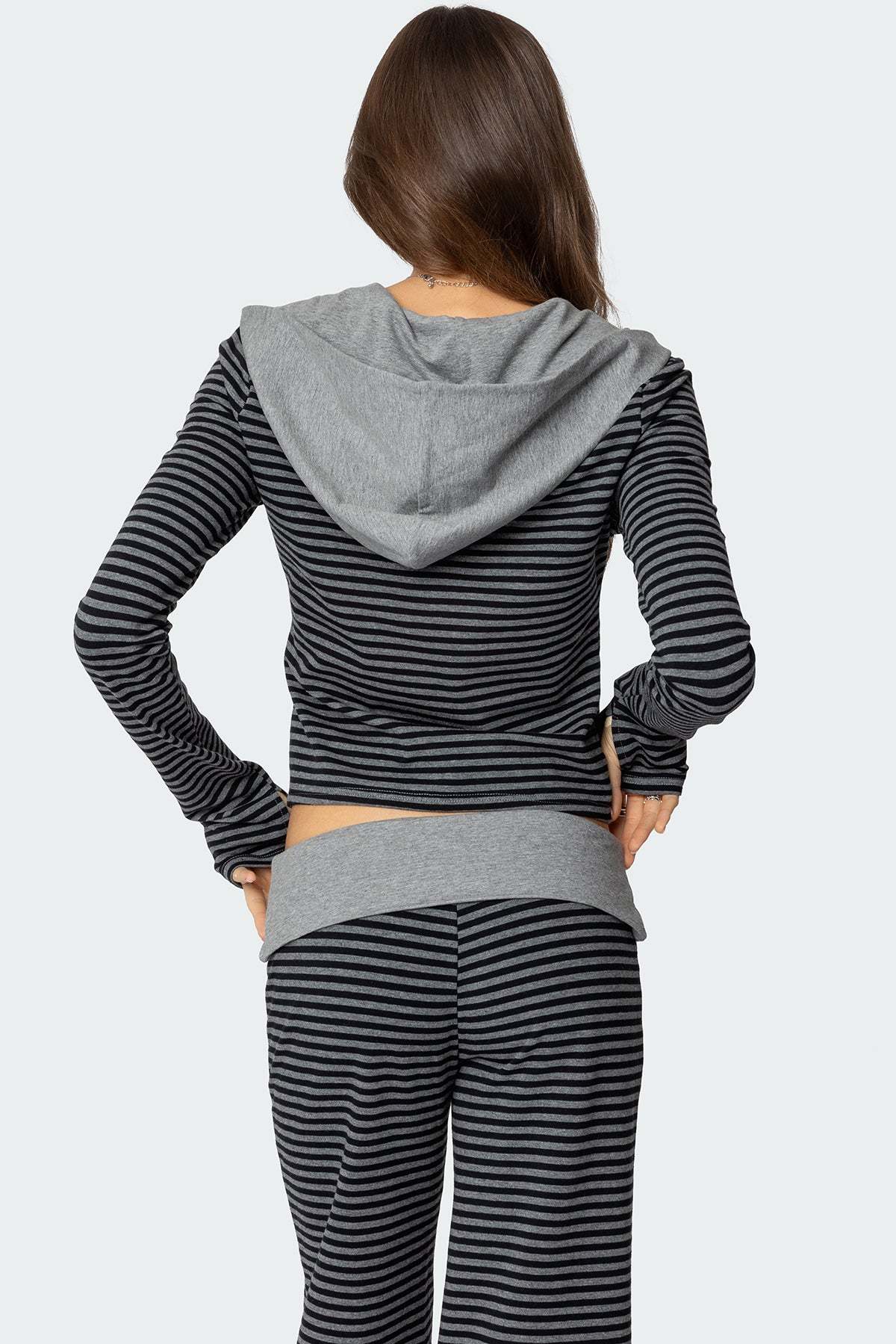 Meggy Striped Zip Up Hoodie - BLACK AND GRAY