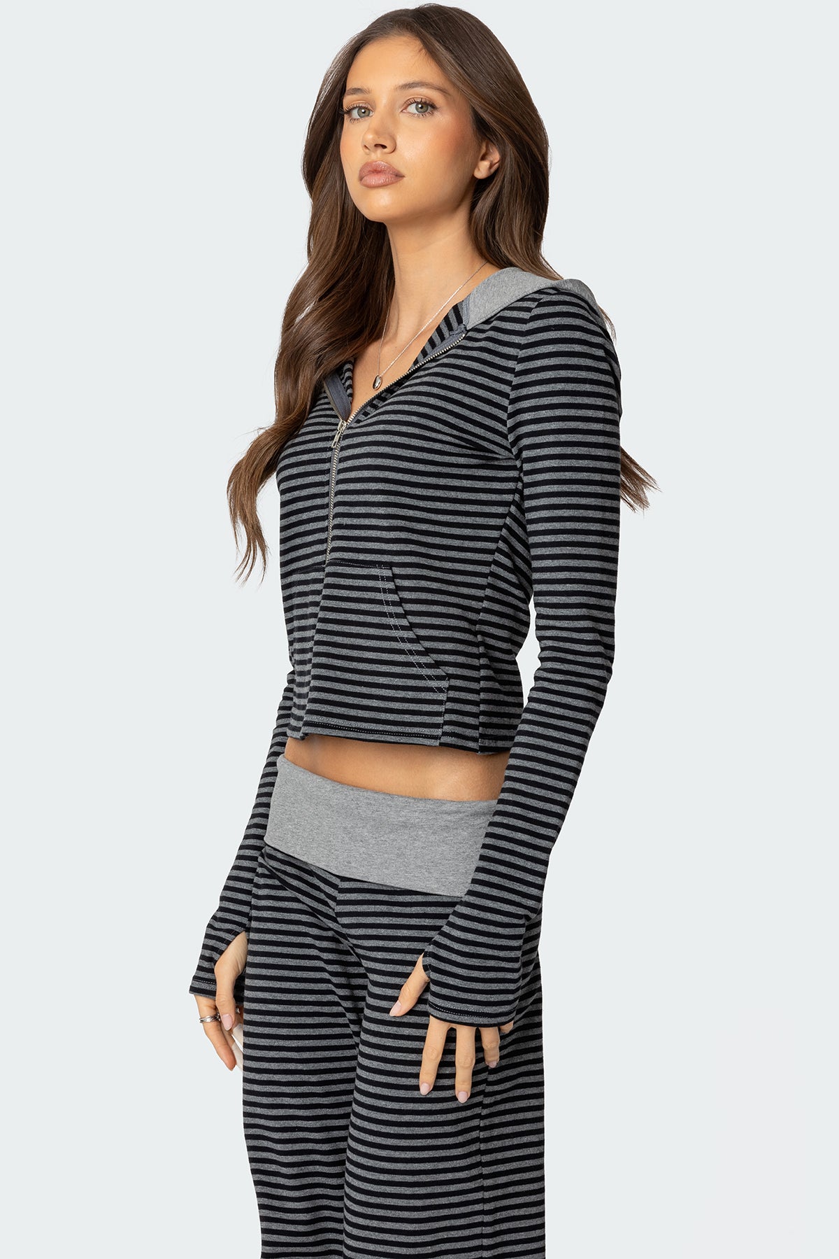 Meggy Striped Zip Up Hoodie - BLACK AND GRAY