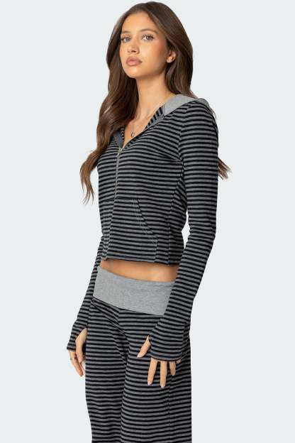 Meggy Striped Zip Up Hoodie - BLACK AND GRAY