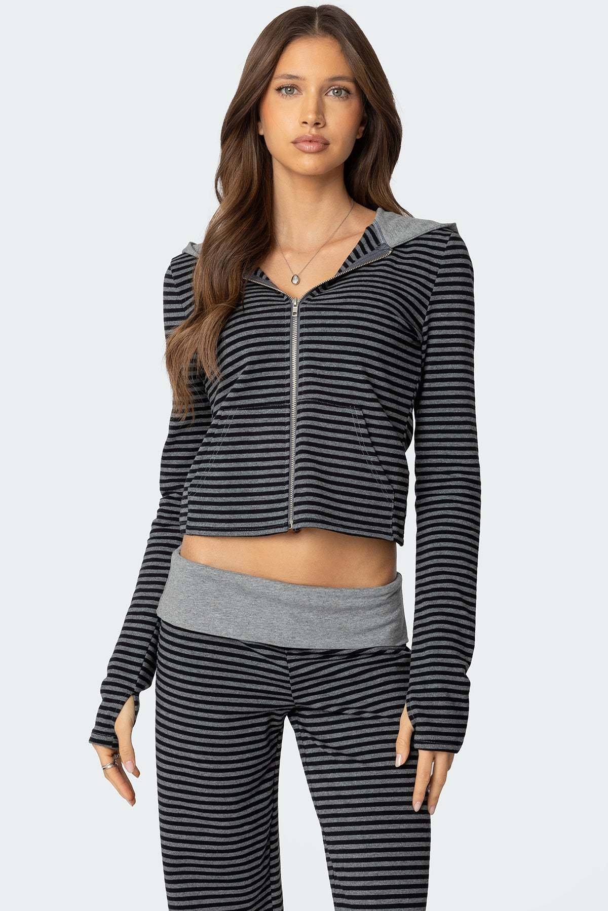 Meggy Striped Zip Up Hoodie - BLACK AND GRAY