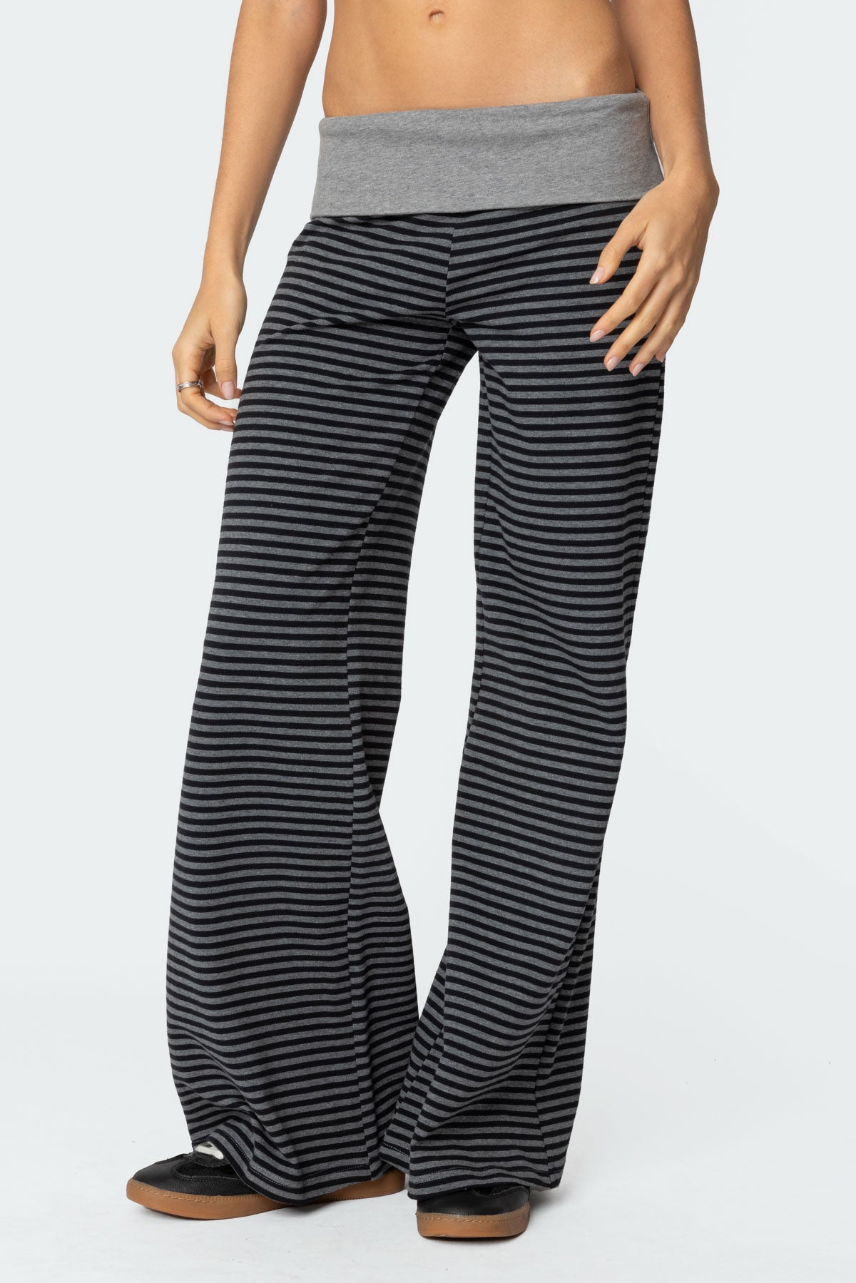 Meggy Striped Foldover Pants - BLACK AND GRAY
