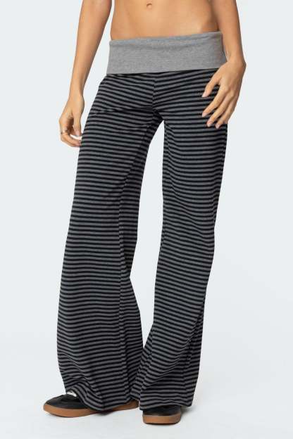 Meggy Striped Foldover Pants - BLACK AND GRAY
