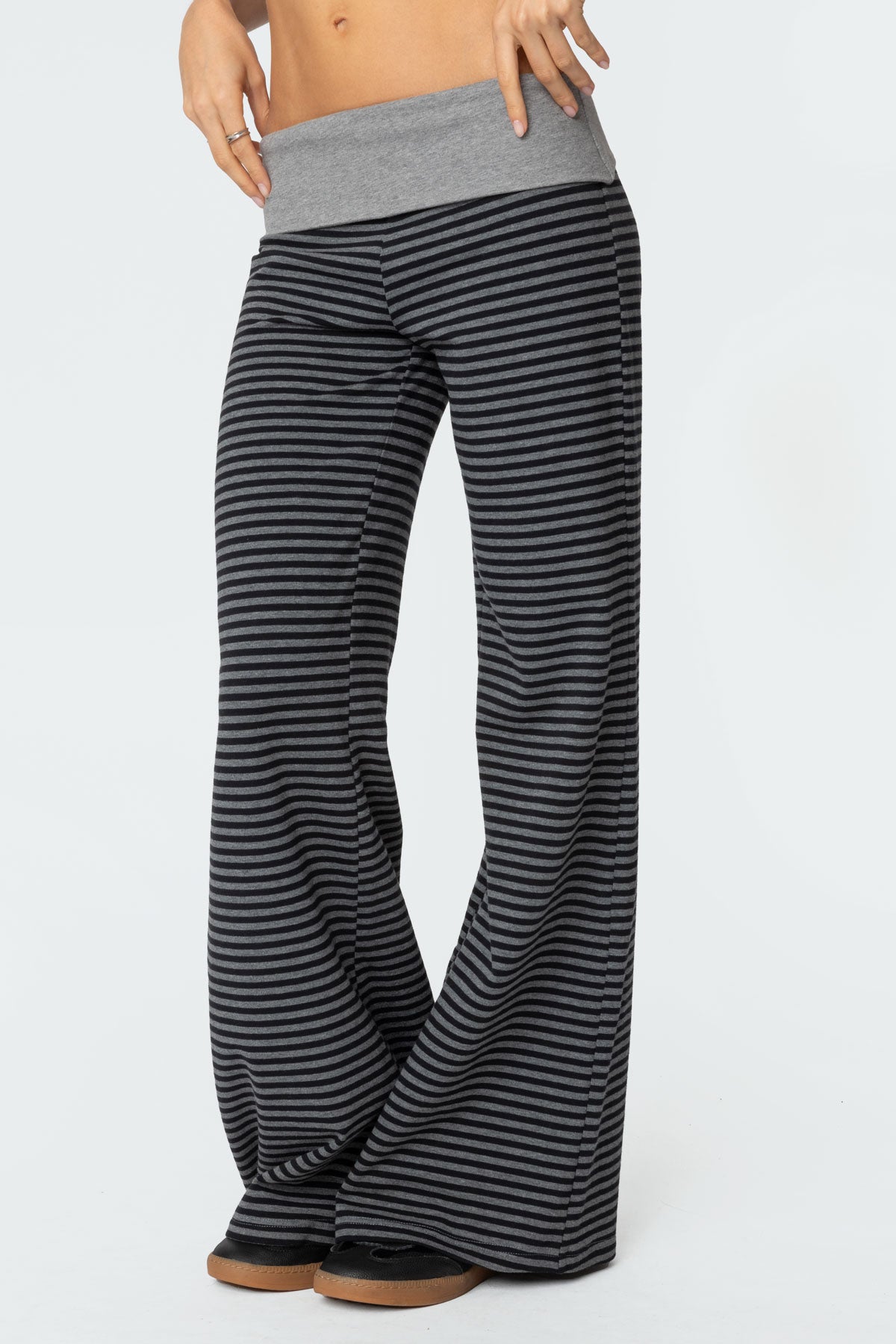 Meggy Striped Foldover Pants - BLACK AND GRAY