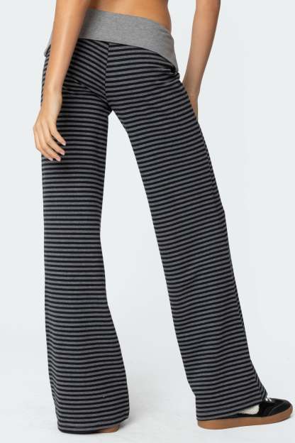 Meggy Striped Foldover Pants - BLACK AND GRAY
