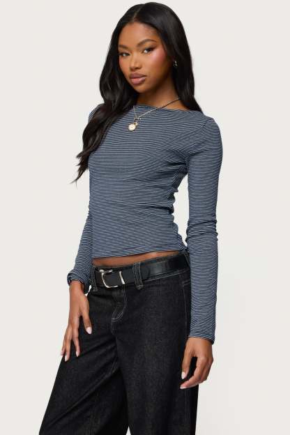 Loria Striped Boat Neck Top - NAVY-AND-WHITE