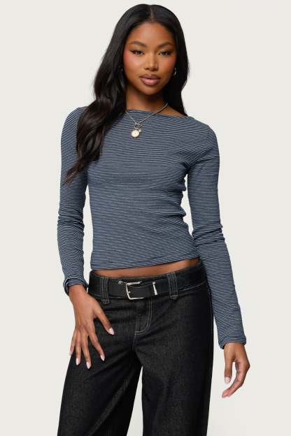 Loria Striped Boat Neck Top - NAVY-AND-WHITE