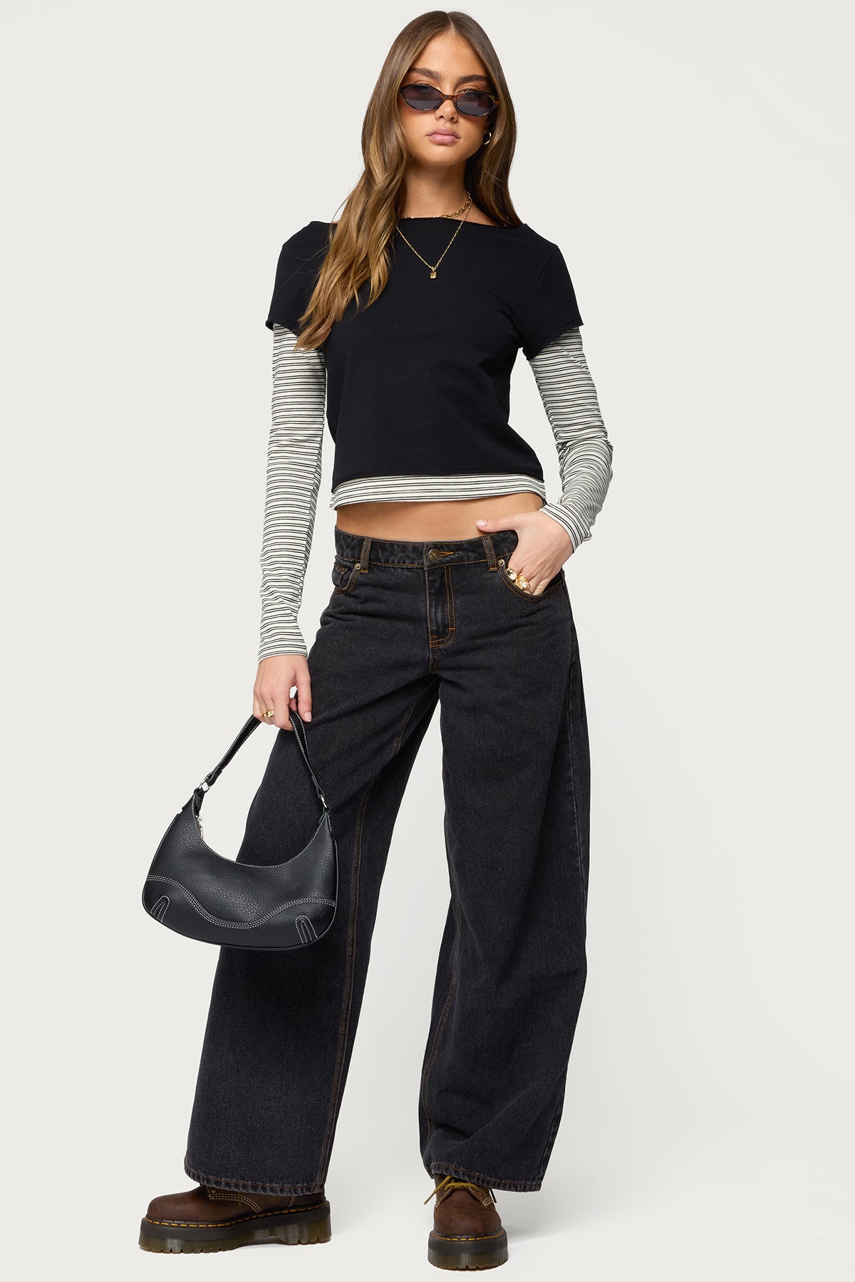 Layered Stripey Long Sleeve T Shirt - BLACK