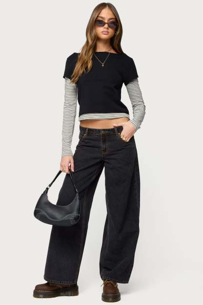 Layered Stripey Long Sleeve T Shirt - BLACK