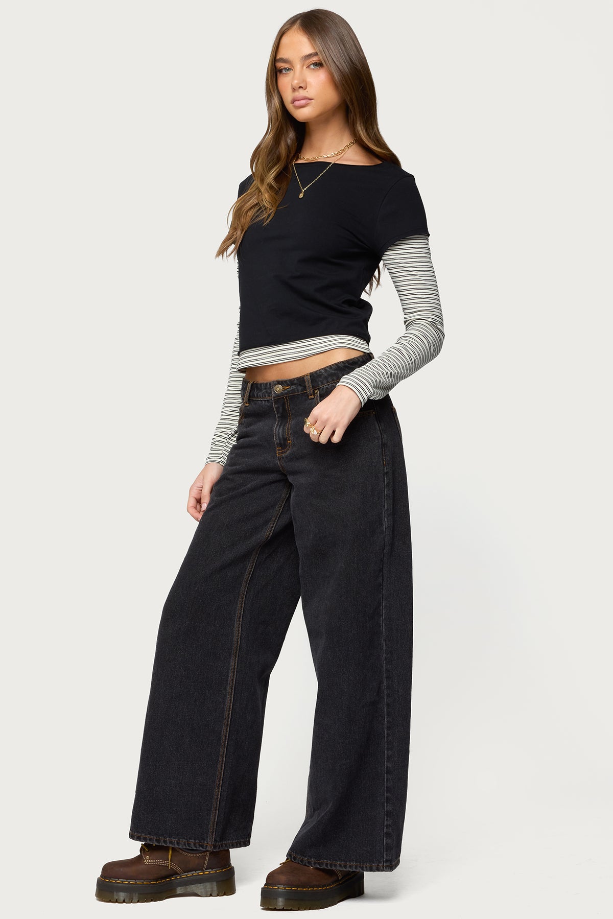 Layered Stripey Long Sleeve T Shirt - BLACK
