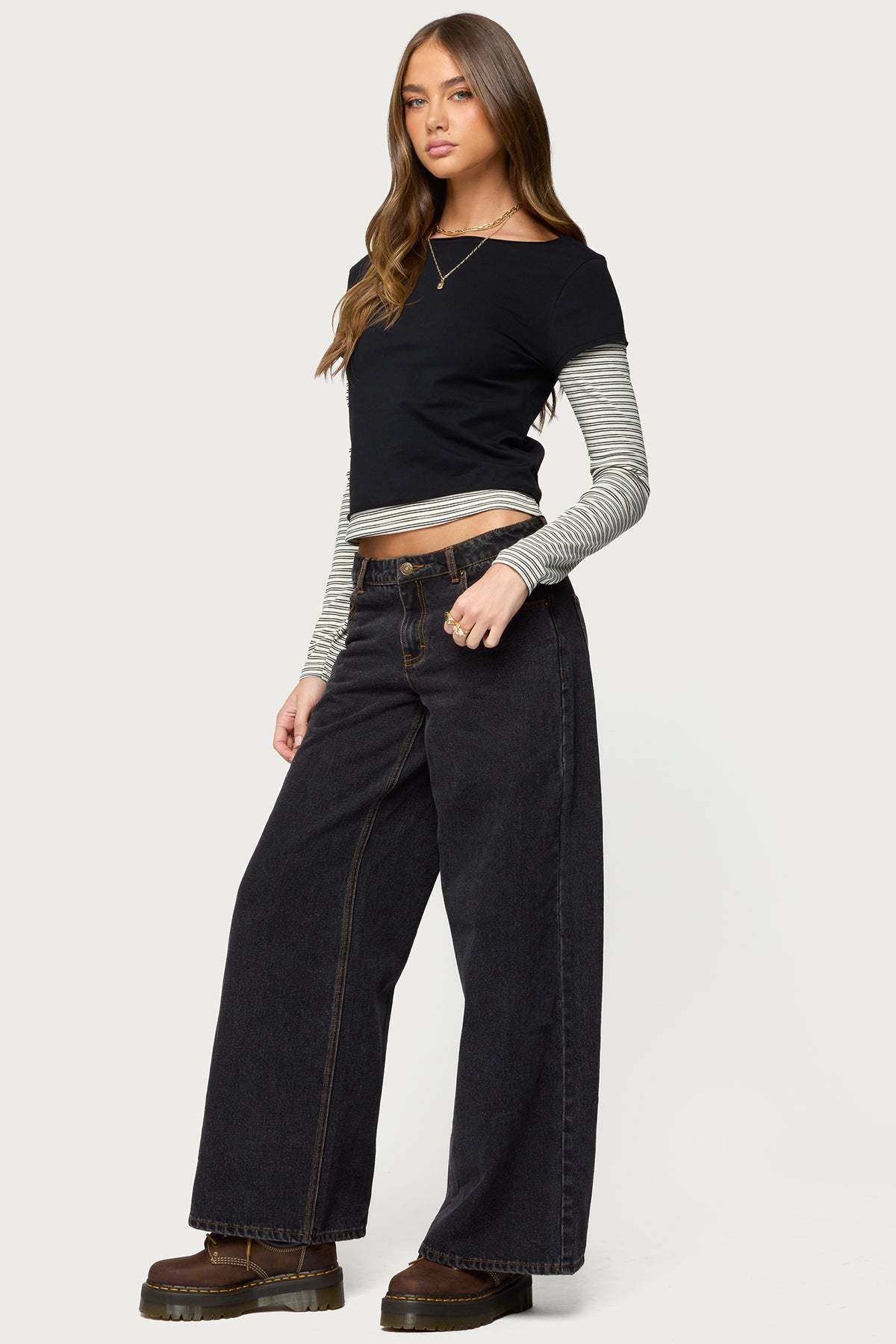 Layered Stripey Long Sleeve T Shirt - BLACK