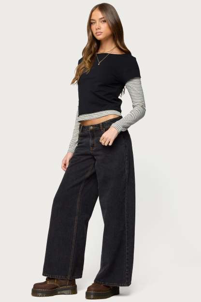 Layered Stripey Long Sleeve T Shirt - BLACK