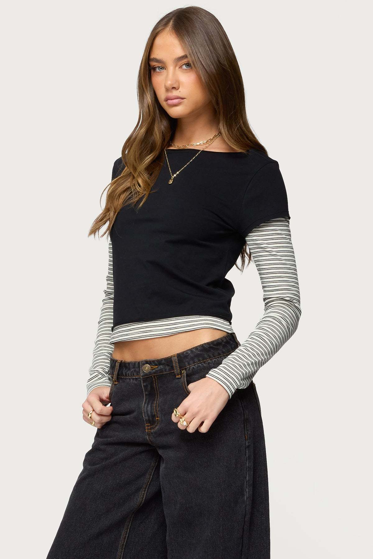 Layered Stripey Long Sleeve T Shirt - BLACK
