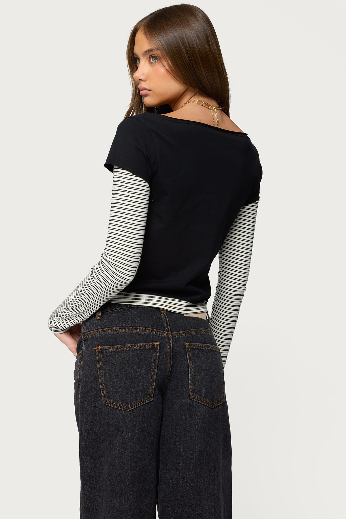 Layered Stripey Long Sleeve T Shirt - BLACK