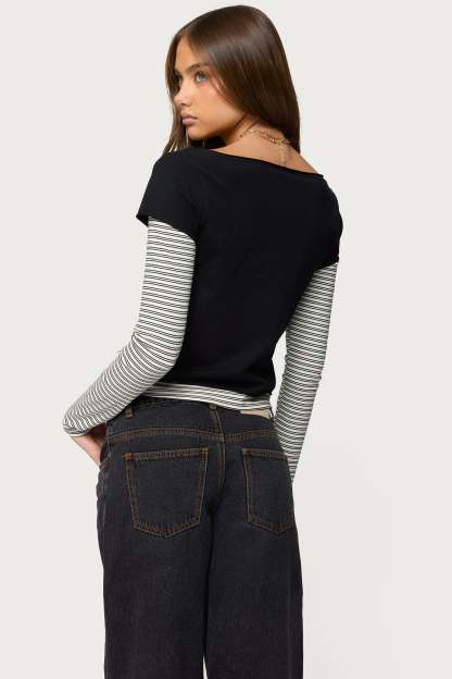 Layered Stripey Long Sleeve T Shirt - BLACK
