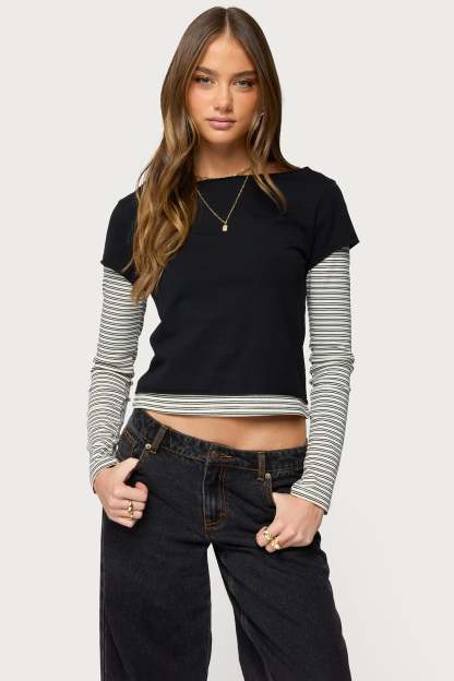 Layered Stripey Long Sleeve T Shirt - BLACK