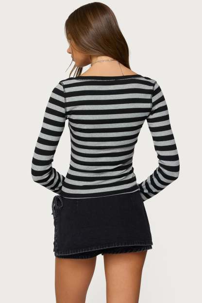 Rainey Striped Long Sleeve Top - BLACK-AND-GRAY