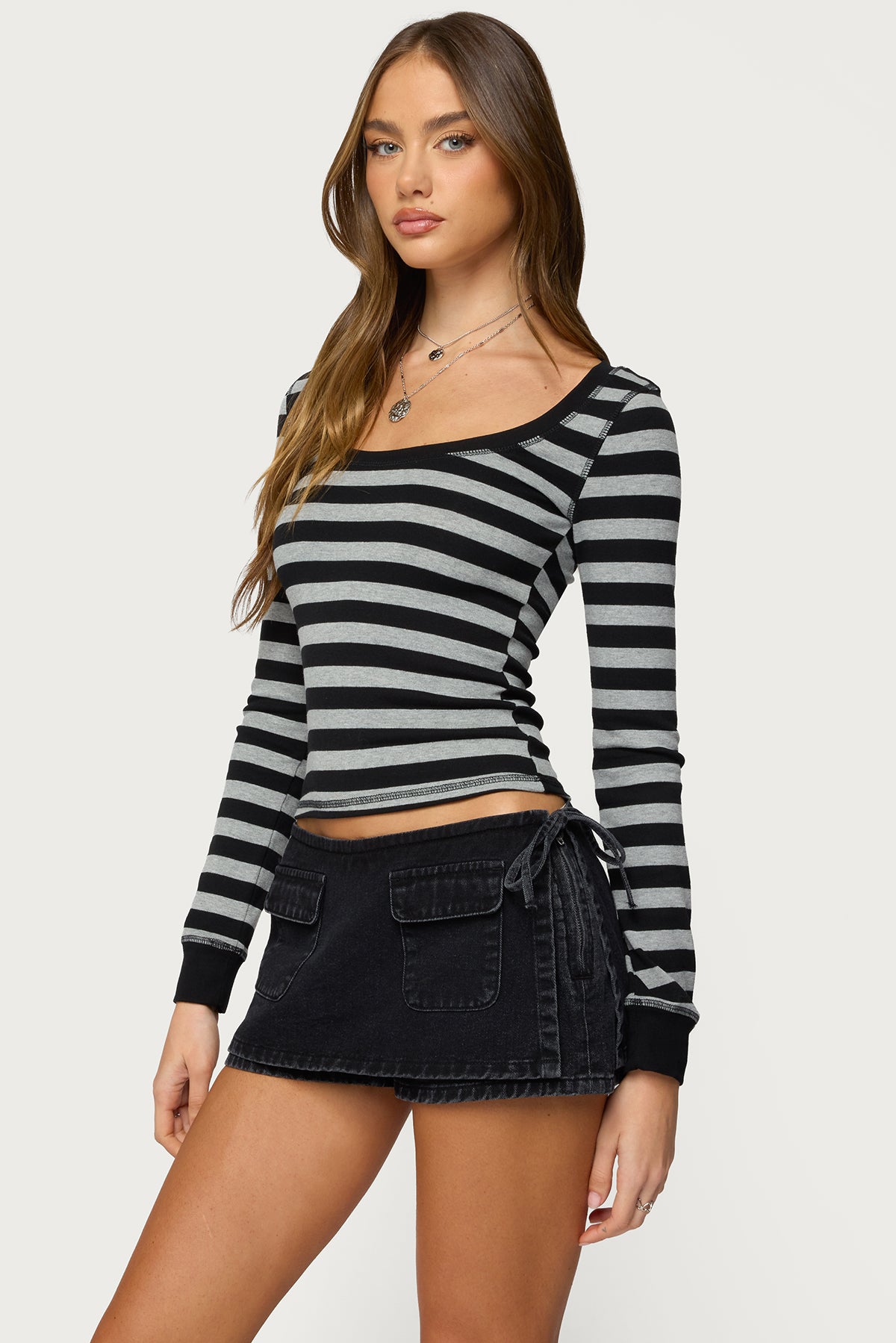 Rainey Striped Long Sleeve Top - BLACK-AND-GRAY