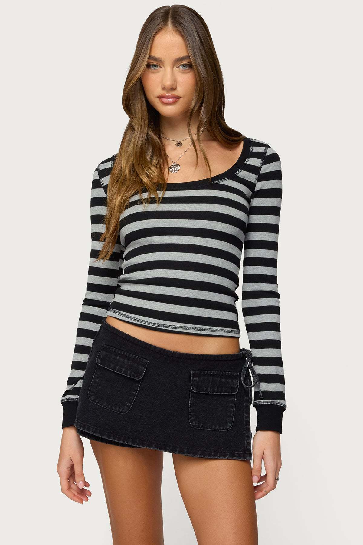 Rainey Striped Long Sleeve Top - BLACK-AND-GRAY