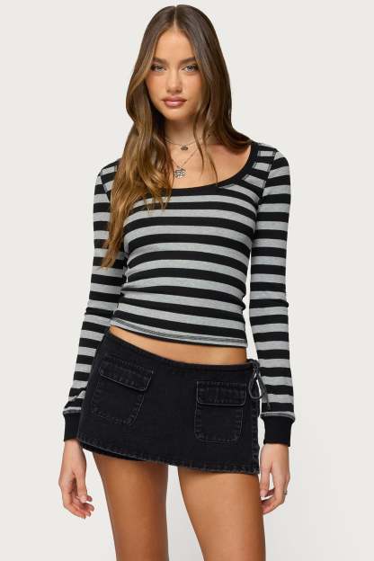 Rainey Striped Long Sleeve Top - BLACK-AND-GRAY
