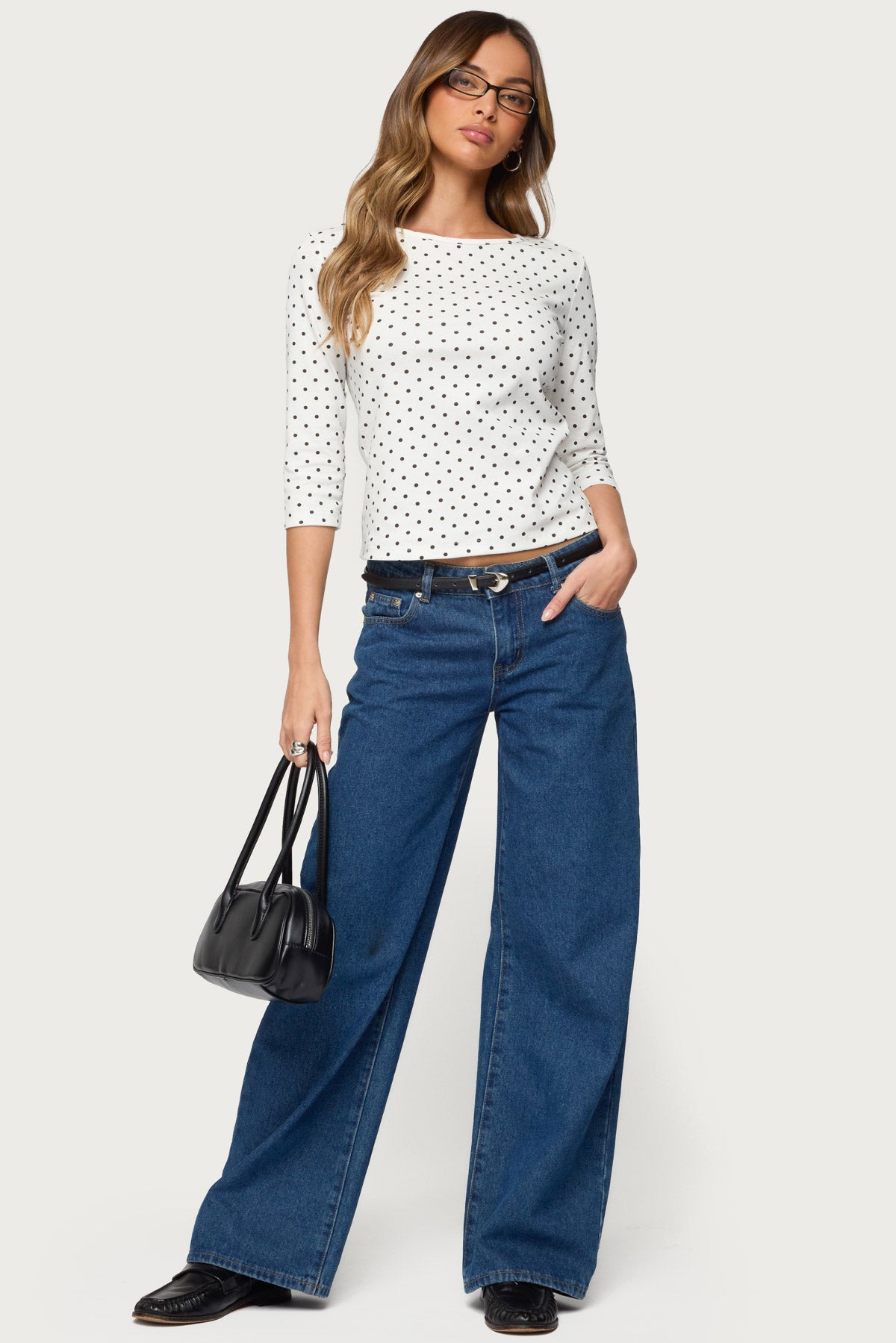Lela Polka Dot Three-Quarter Sleeve Top - WHITE-AND-BLACK