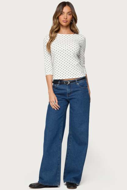 Lela Polka Dot Three-Quarter Sleeve Top - WHITE-AND-BLACK