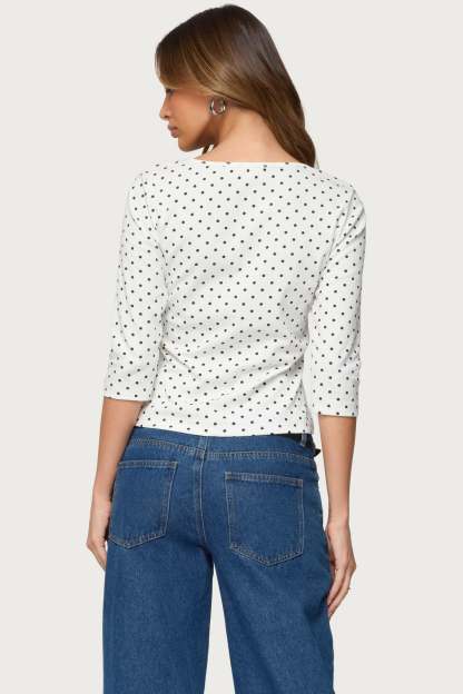 Lela Polka Dot Three-Quarter Sleeve Top - WHITE-AND-BLACK