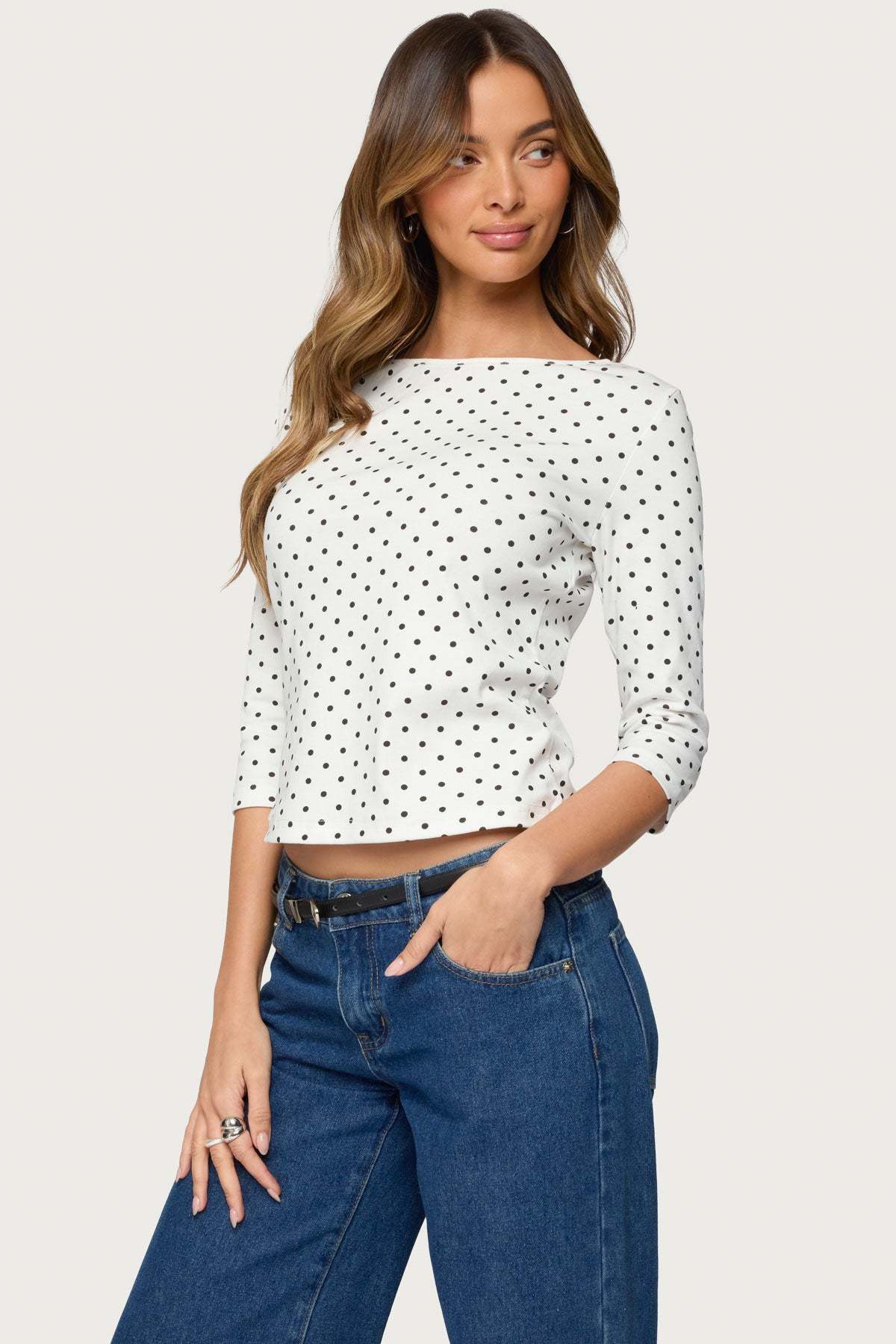 Lela Polka Dot Three-Quarter Sleeve Top - WHITE-AND-BLACK