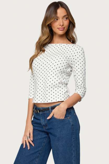Lela Polka Dot Three-Quarter Sleeve Top - WHITE-AND-BLACK