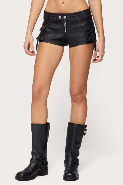 Washed Faux Leather Micro Cargo Shorts - BLACK
