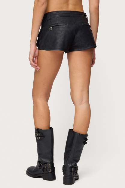 Washed Faux Leather Micro Cargo Shorts - BLACK