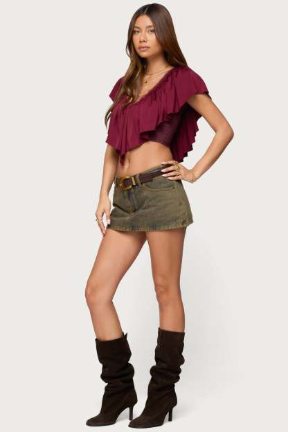 Deena Ruffled V Neck Top - BURGUNDY