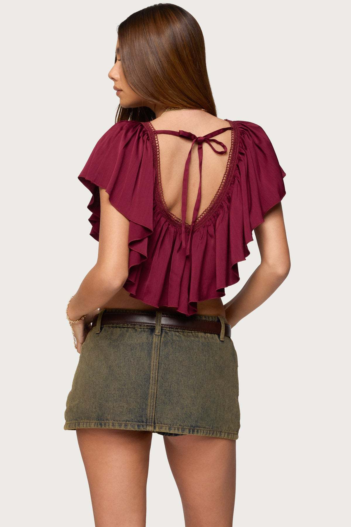 Deena Ruffled V Neck Top - BURGUNDY