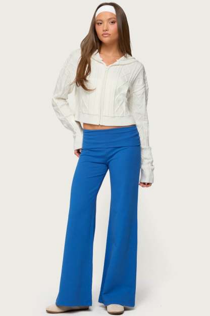 Wide Leg Foldover Pants - BLUE