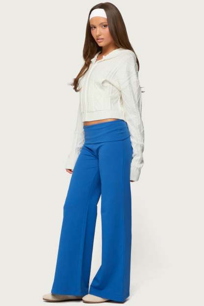 Wide Leg Foldover Pants - BLUE