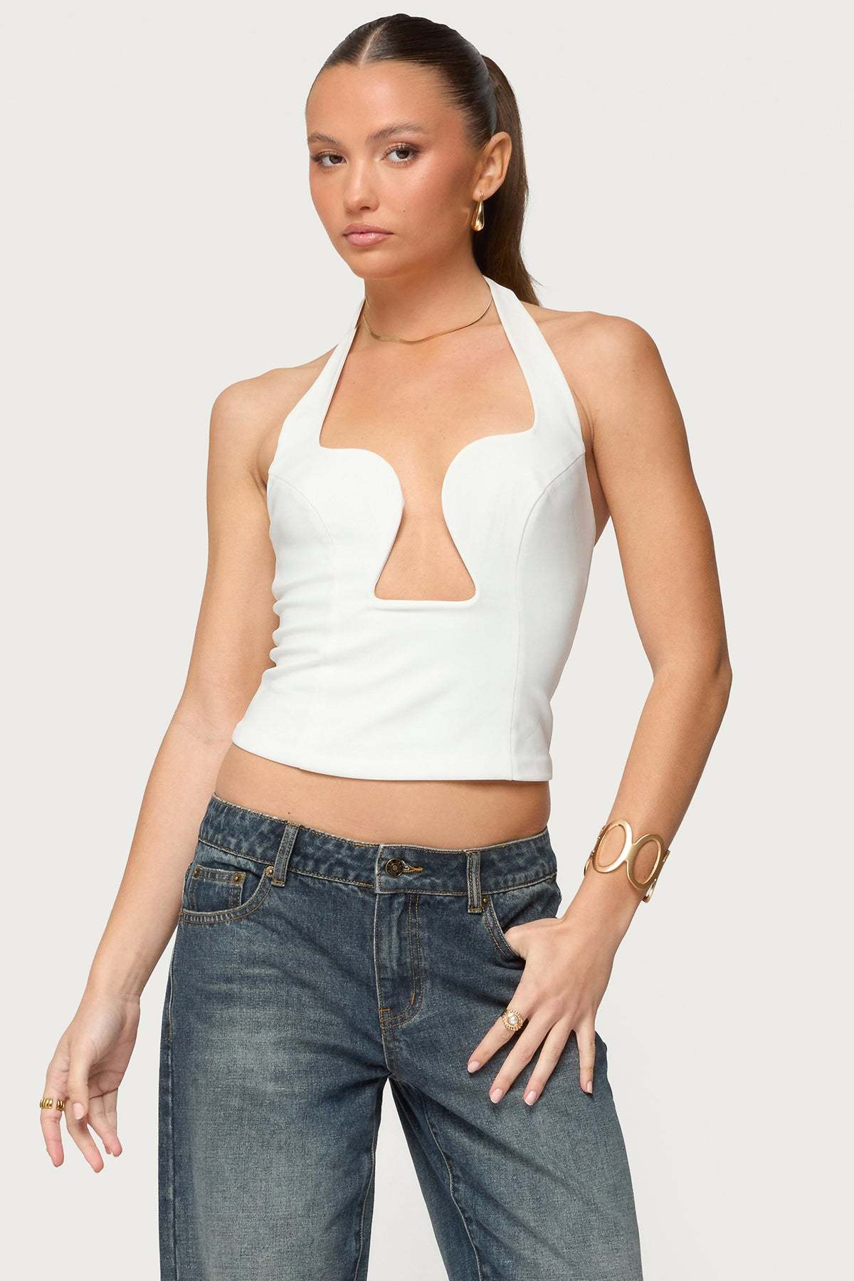Stassy Abstract Cutout Halter Top - WHITE