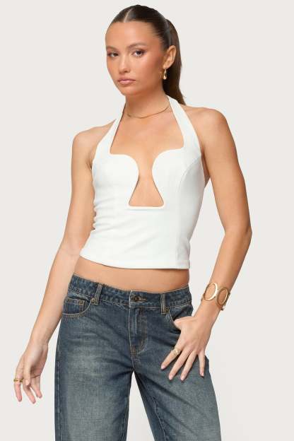 Stassy Abstract Cutout Halter Top - WHITE