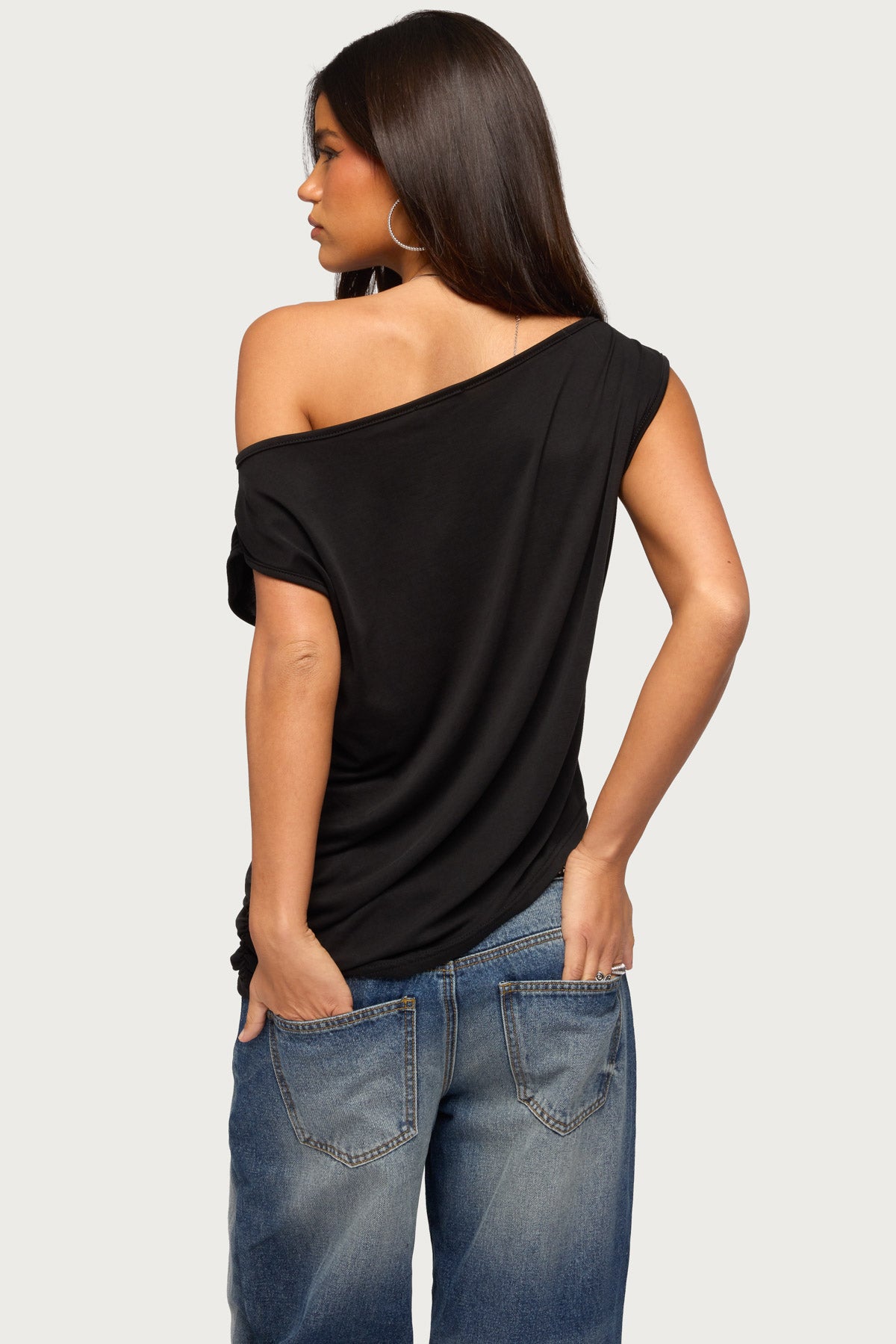 Ofelia Asymmetric Off Shoulder Ruched Top - BLACK