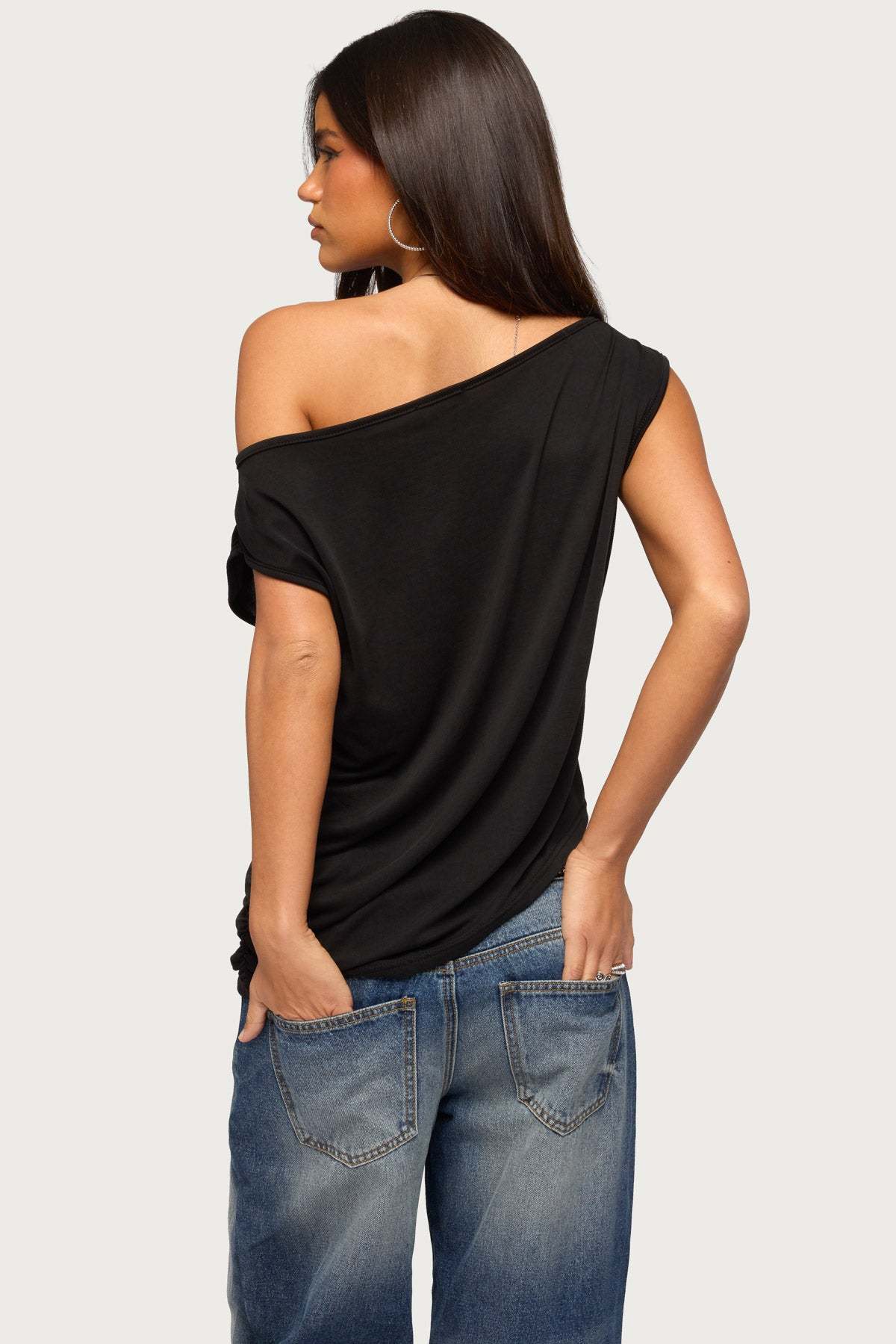 Ofelia Asymmetric Off Shoulder Ruched Top - BLACK