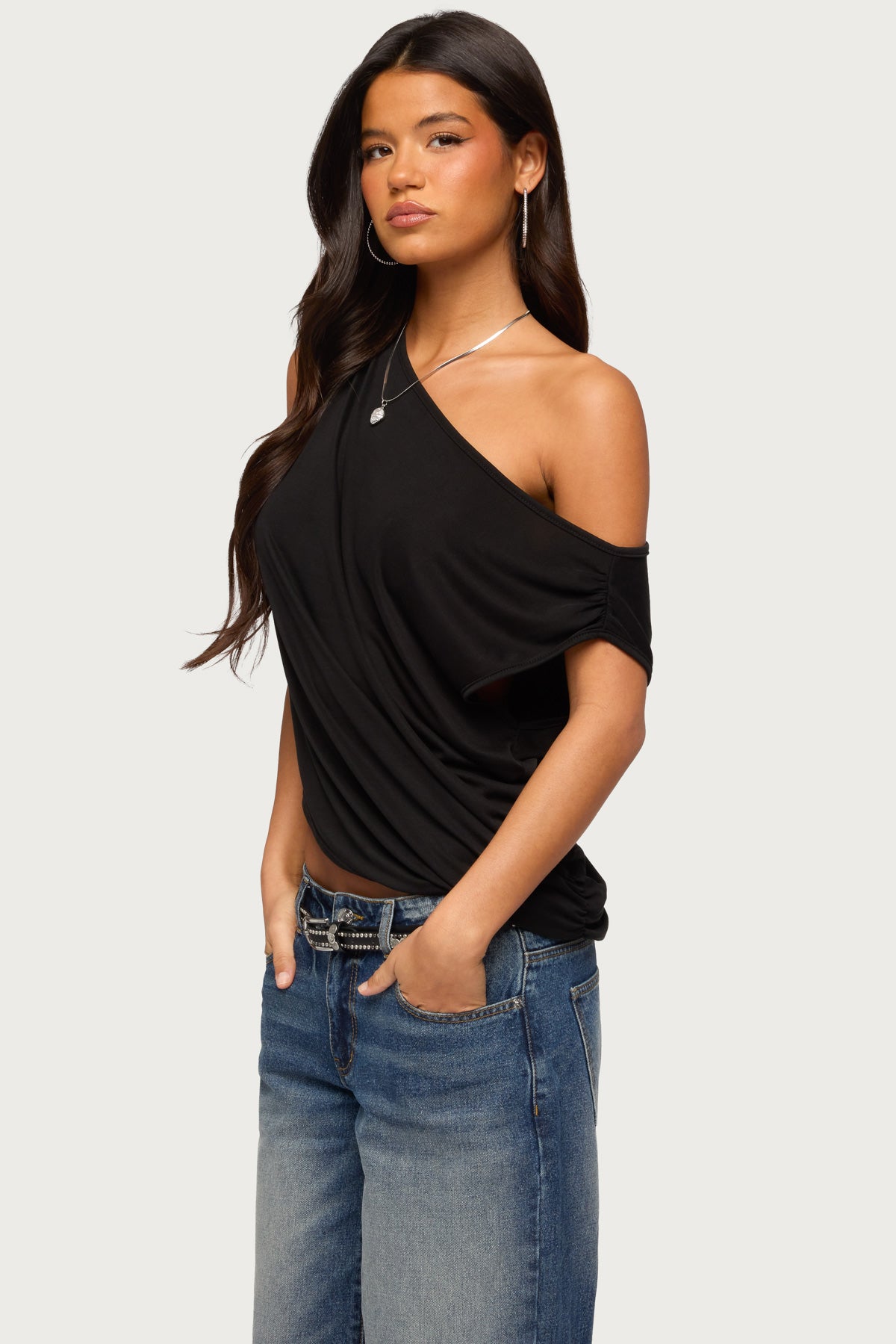 Ofelia Asymmetric Off Shoulder Ruched Top - BLACK