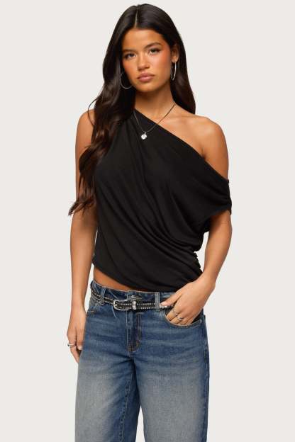 Ofelia Asymmetric Off Shoulder Ruched Top - BLACK