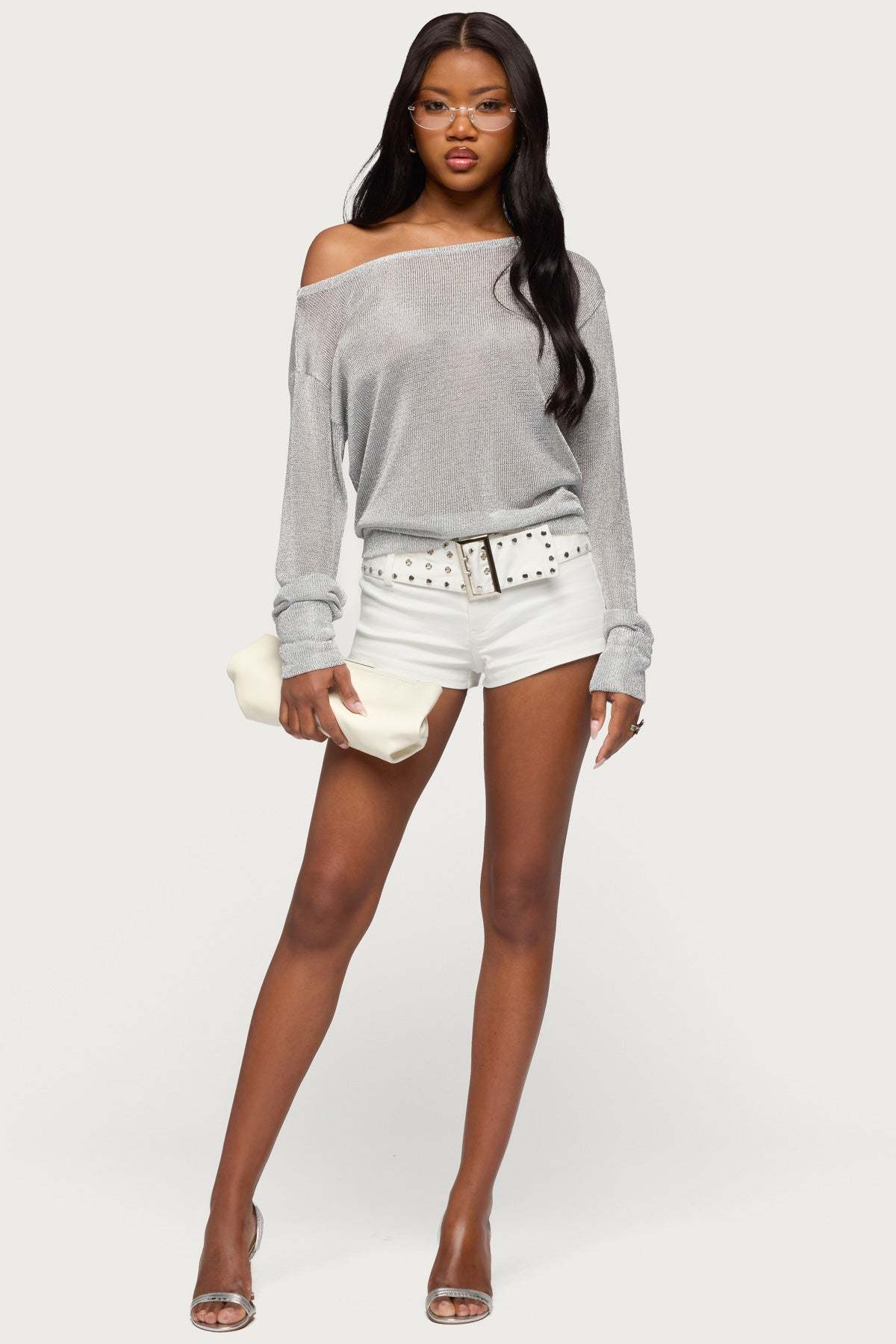 Studded Belt Denim Micro Shorts - WHITE
