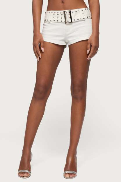 Studded Belt Denim Micro Shorts - WHITE