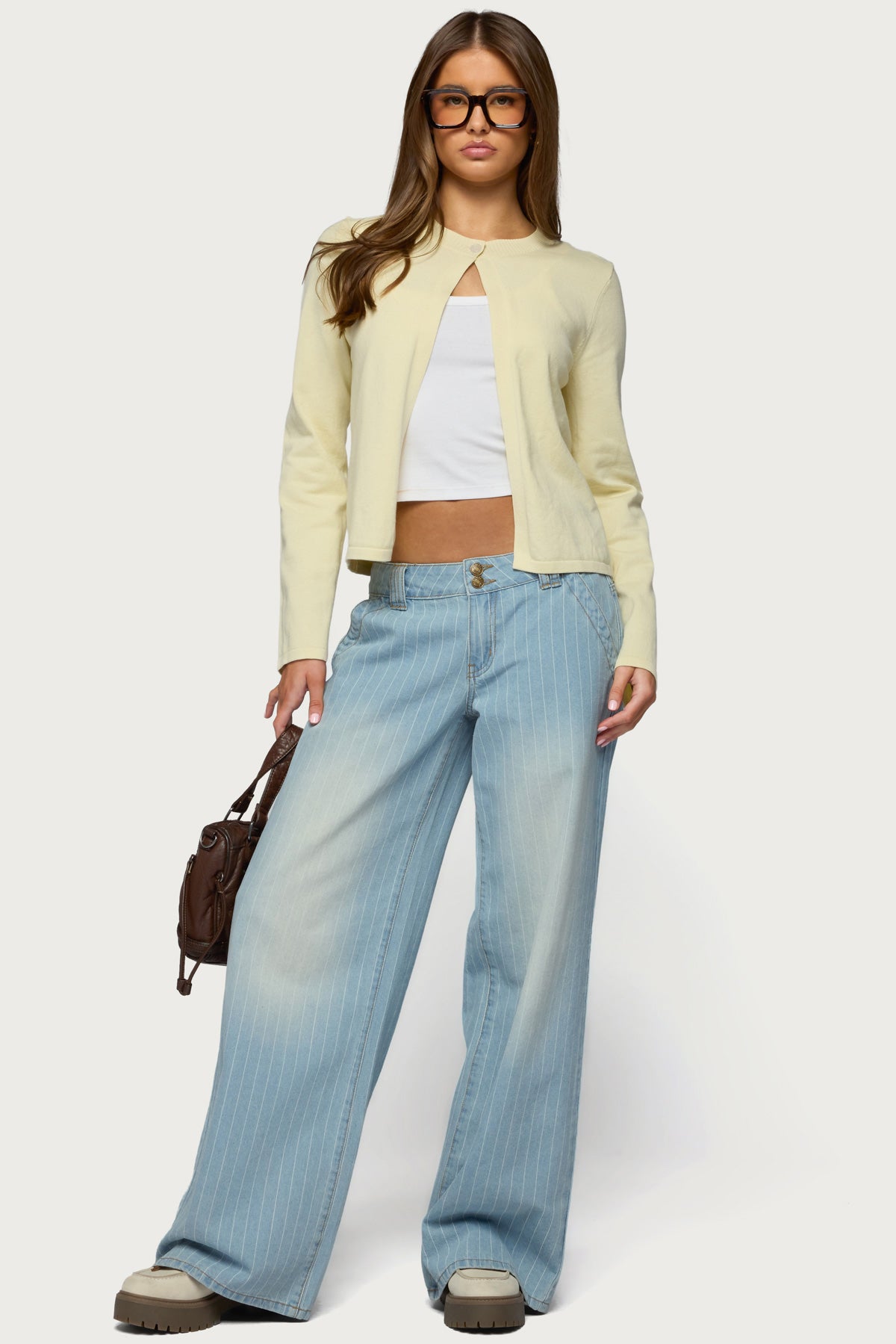 Cory Striped Low Rise Baggy Jeans - LIGHT-BLUE