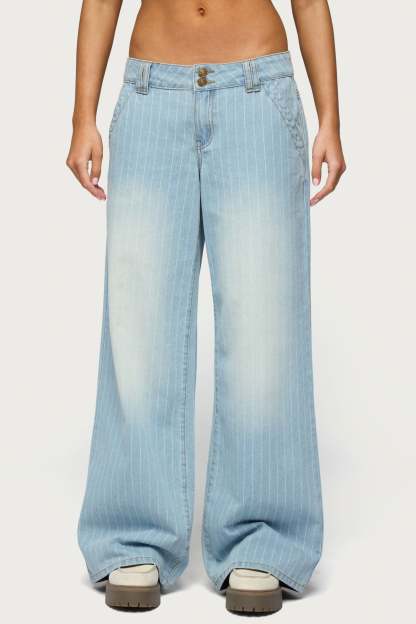 Cory Striped Low Rise Baggy Jeans - LIGHT-BLUE